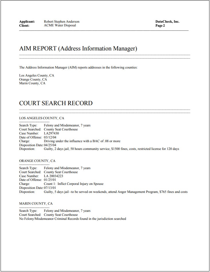 Sample Report | Employee Background Screening Results | DataCheck